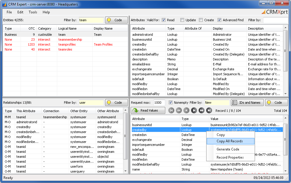 Microsoft Dynamics CRM Expert Tool - Main UI and Context Menus
